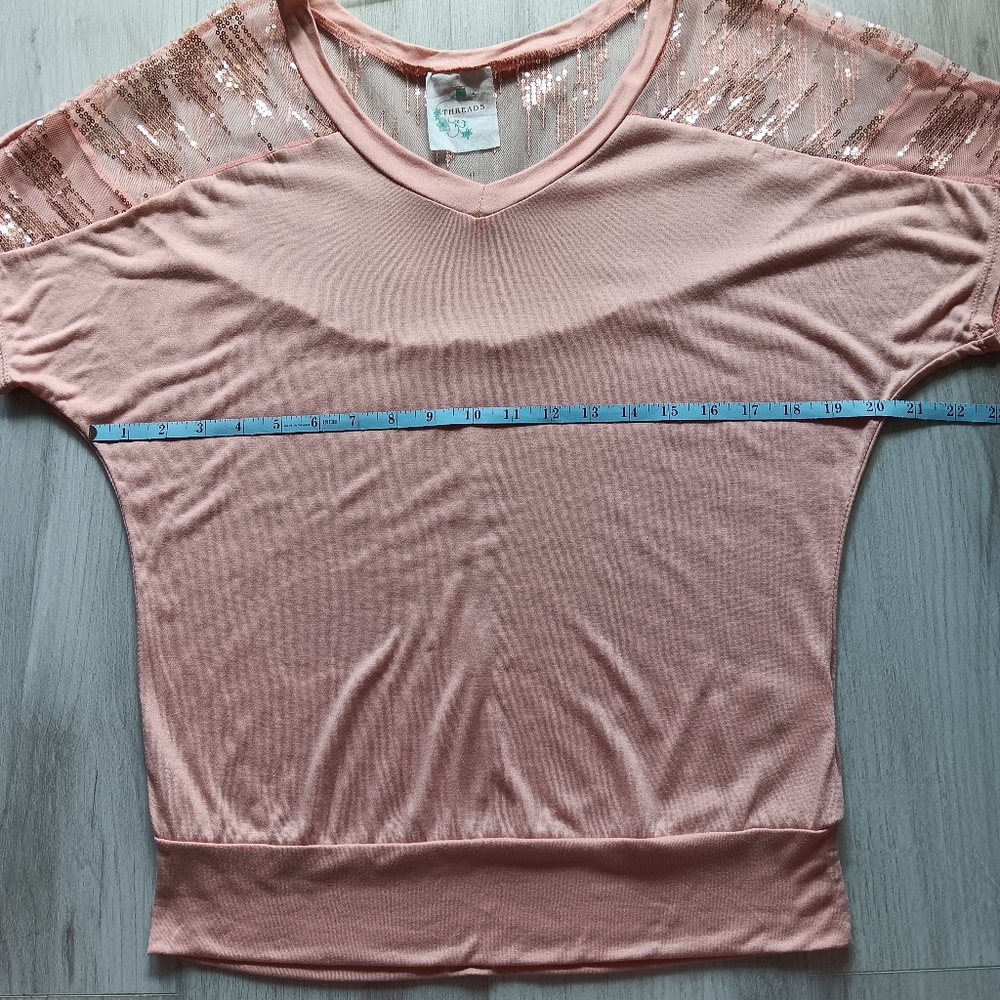 Threads V-neck Mesh Sequined Dolman Short Sleeve T-shirt Top Blush Pink Medium - Picture 7 of 10